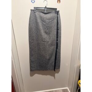GoodClothes‎ Wool Blend Maxi Skirt Fringe Detail Size 12 Grey Tweed Wrap Style